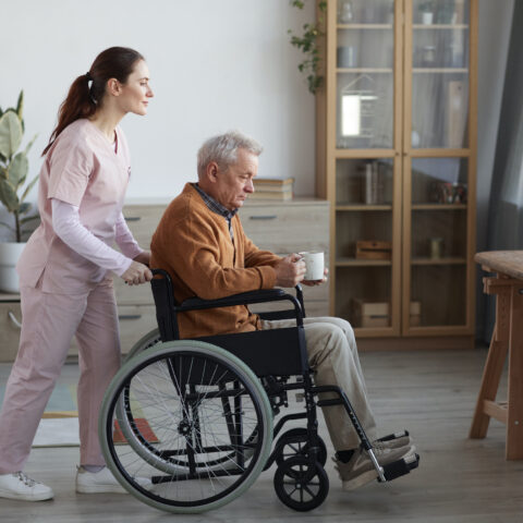 Female Caregiver Assisting Senior Man in Wheelchair
